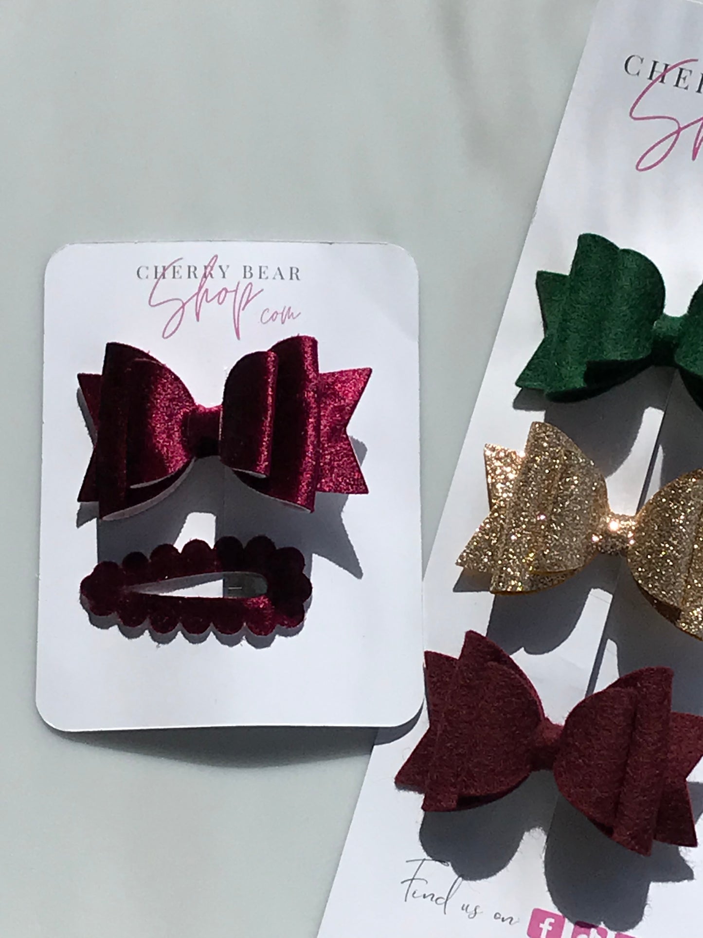 "Enchanting Holiday Hair Accessories: Christmas Collection in Green, Glitter Gold, and Burgundy Hues + Burgundy Hair Bow with Matching Snap Clip"
