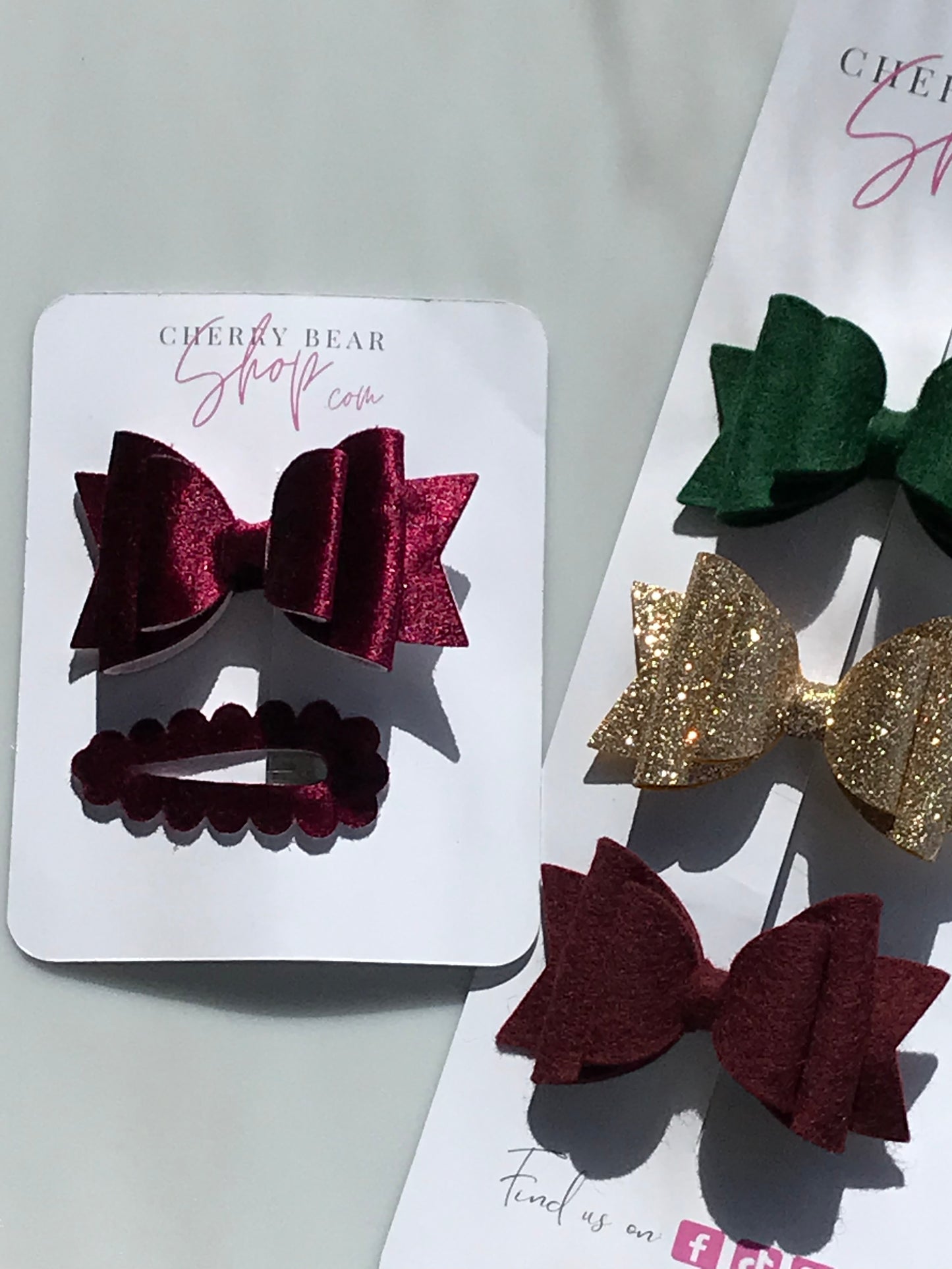 "Enchanting Holiday Hair Accessories: Christmas Collection in Green, Glitter Gold, and Burgundy Hues + Burgundy Hair Bow with Matching Snap Clip"