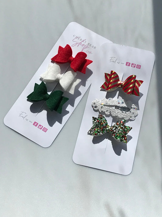 "Yuletide Christmas Hair Bow Set: Festive Red, Green & White Delights"
