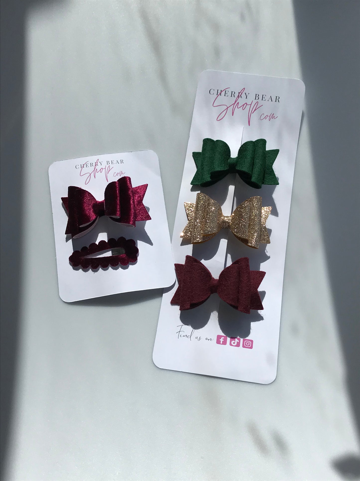 "Enchanting Holiday Hair Accessories: Christmas Collection in Green, Glitter Gold, and Burgundy Hues + Burgundy Hair Bow with Matching Snap Clip"