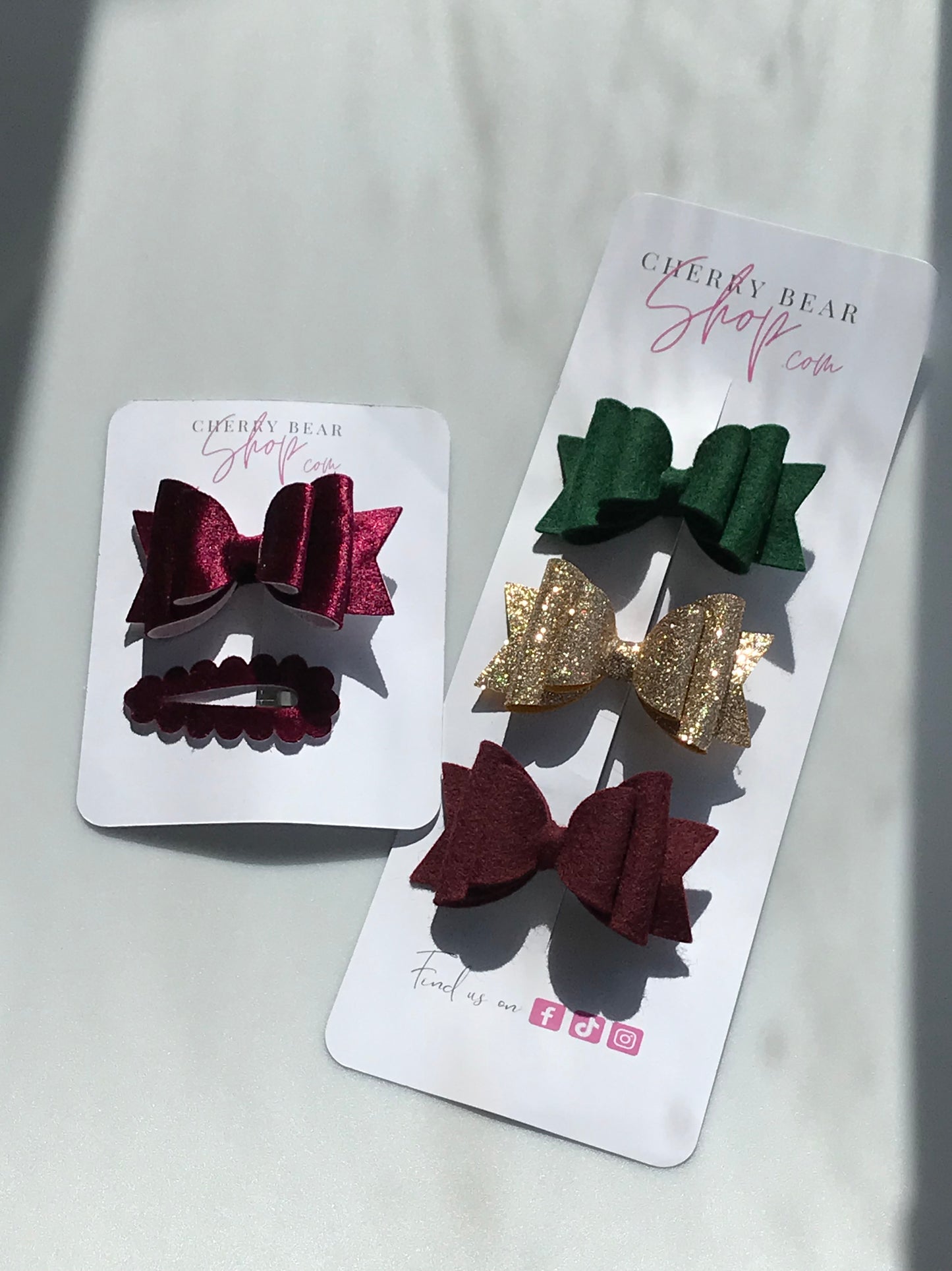 "Enchanting Holiday Hair Accessories: Christmas Collection in Green, Glitter Gold, and Burgundy Hues + Burgundy Hair Bow with Matching Snap Clip"